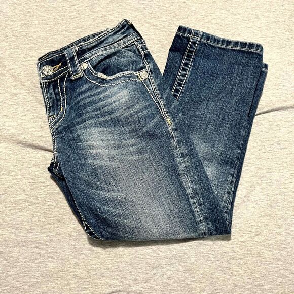 Miss Me Women Jeans 26x22 Blue Low-Rise Fleur-de-Lis Pockets Stretch Denim Capri - Picture 3 of 11